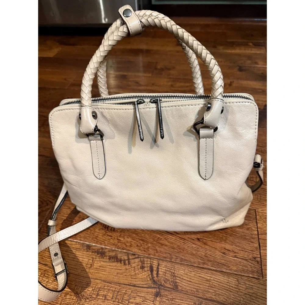 Elliott Lucca Beige Leather Satchel Braided Handle Crossbody Bag Medium Neutral